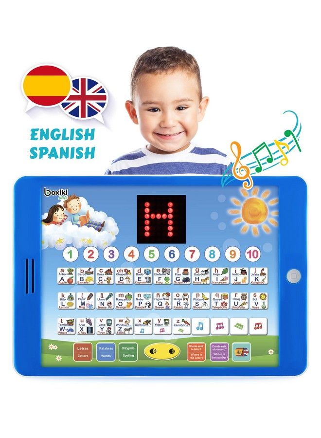 Boxiki kids تابلت تعليمي ثنائي اللغة لتعلم الإسبانية والإنجليزية مع شاشة عرض LED. تعلم الإسبانية والإنجليزية مع ألعاب الأبجدية والتهجئة. الأطفال يحبون ألعابنا التعليمية التفاعلية. - Image 1