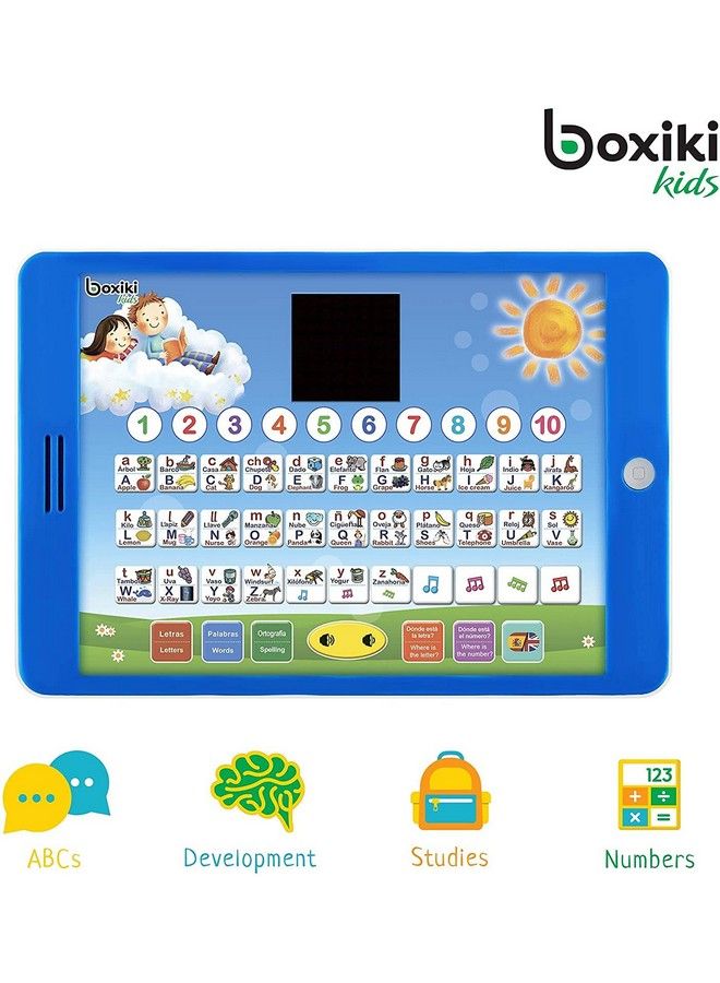 Boxiki kids تابلت تعليمي ثنائي اللغة لتعلم الإسبانية والإنجليزية مع شاشة عرض LED. تعلم الإسبانية والإنجليزية مع ألعاب الأبجدية والتهجئة. الأطفال يحبون ألعابنا التعليمية التفاعلية. - Image 4