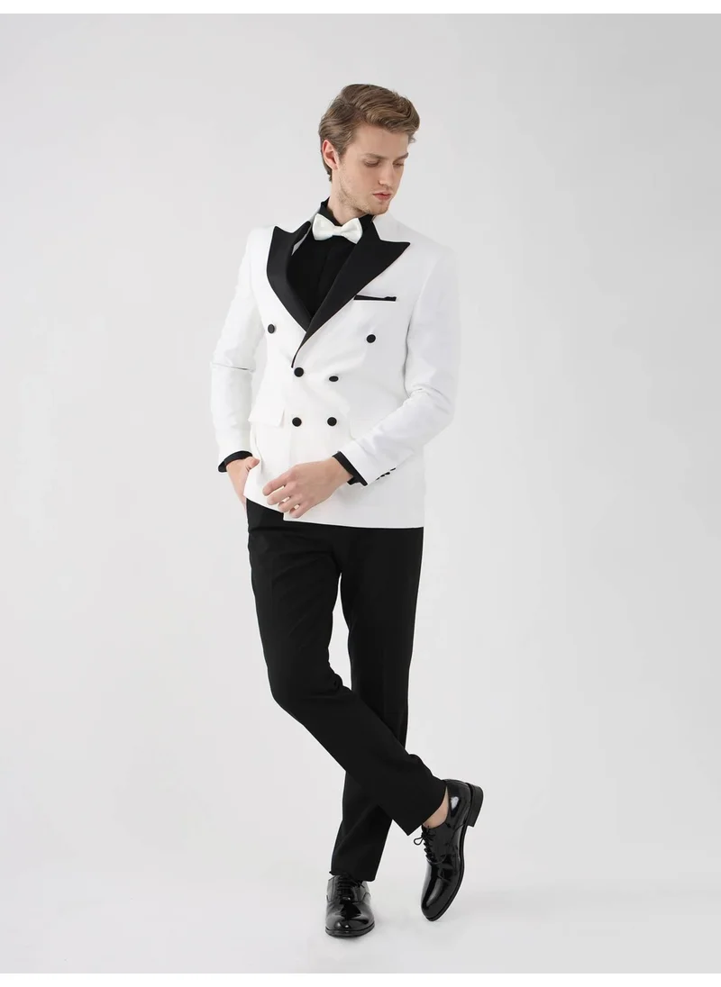 Dufy Ecru-Black Men's Slim Fit Pointed Collar Tuxedo Suit