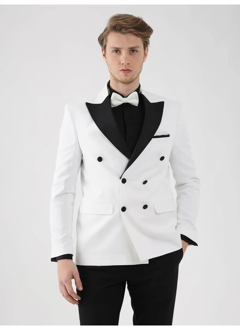 Dufy Ecru-Black Men's Slim Fit Pointed Collar Tuxedo Suit