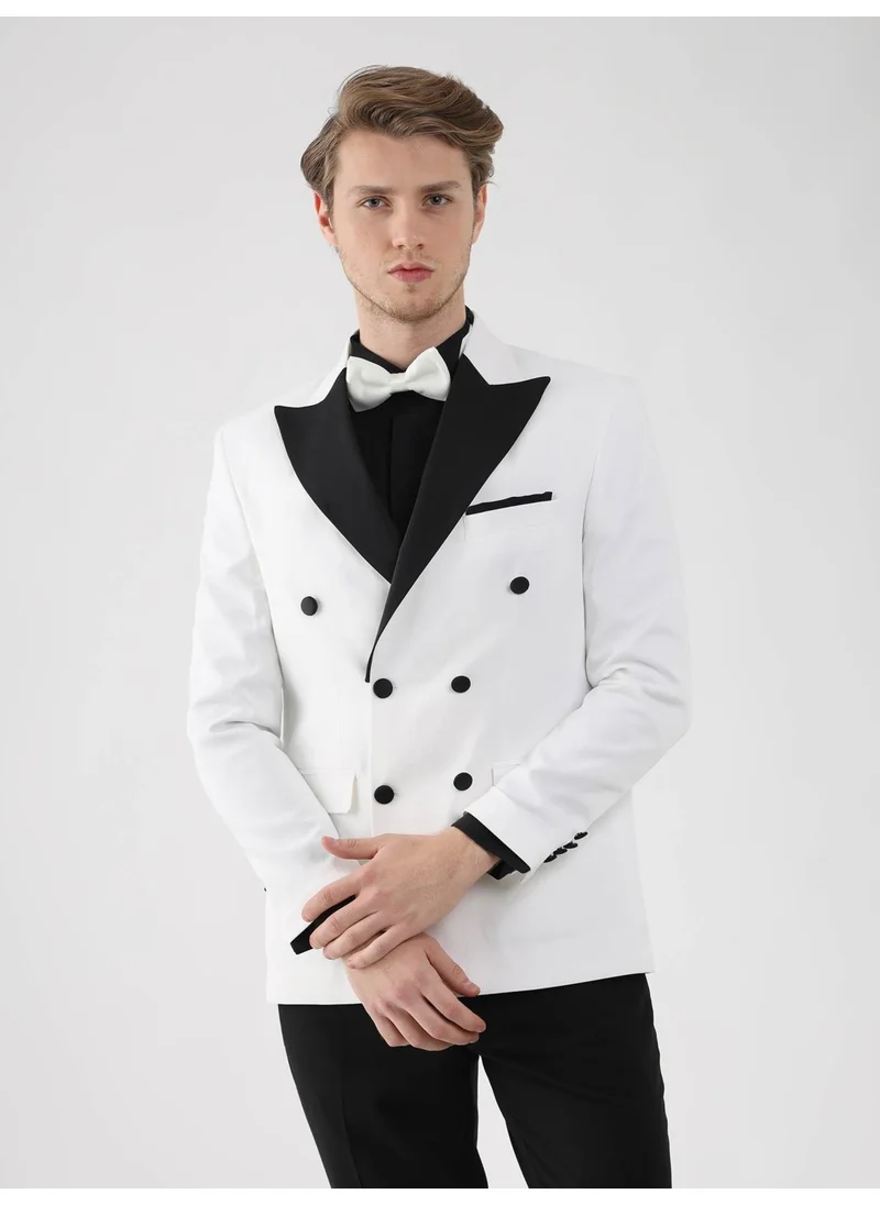Dufy Ecru-Black Men's Slim Fit Pointed Collar Tuxedo Suit