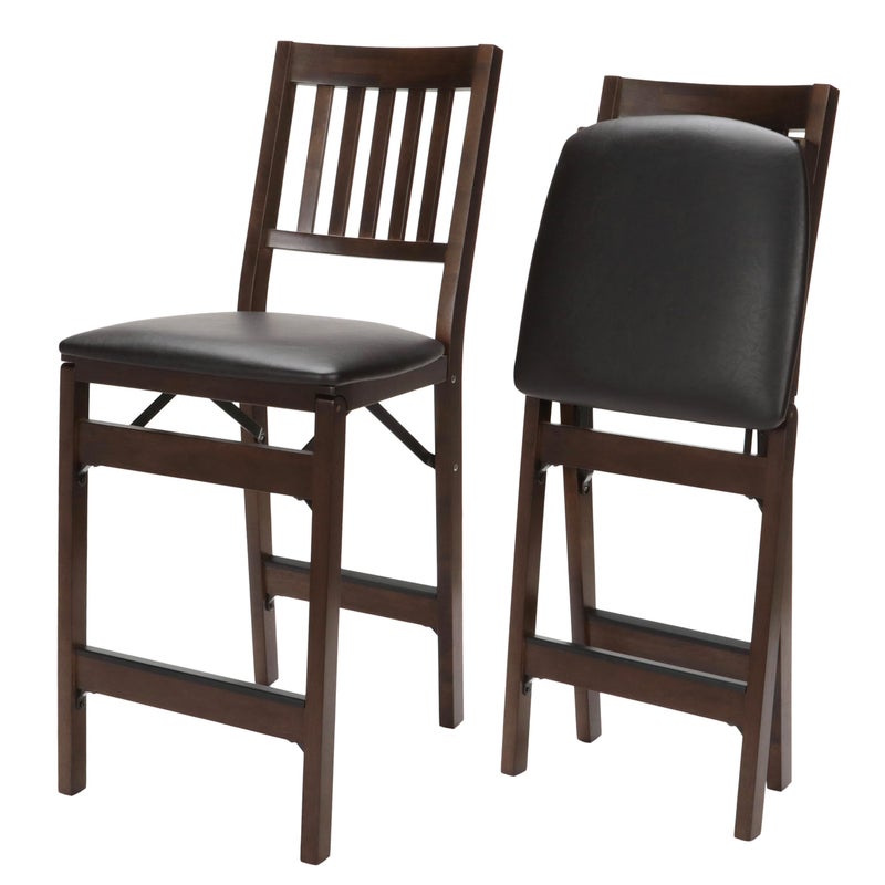Meco MECO Stakmore Folding Counter Height Stools with Padded Seats Set of 2  No Assembly Tall High Foldable Kitchen Chairs Steel Folding Mechanism Upholstered Leather SpaceSaving Espresso Frame 