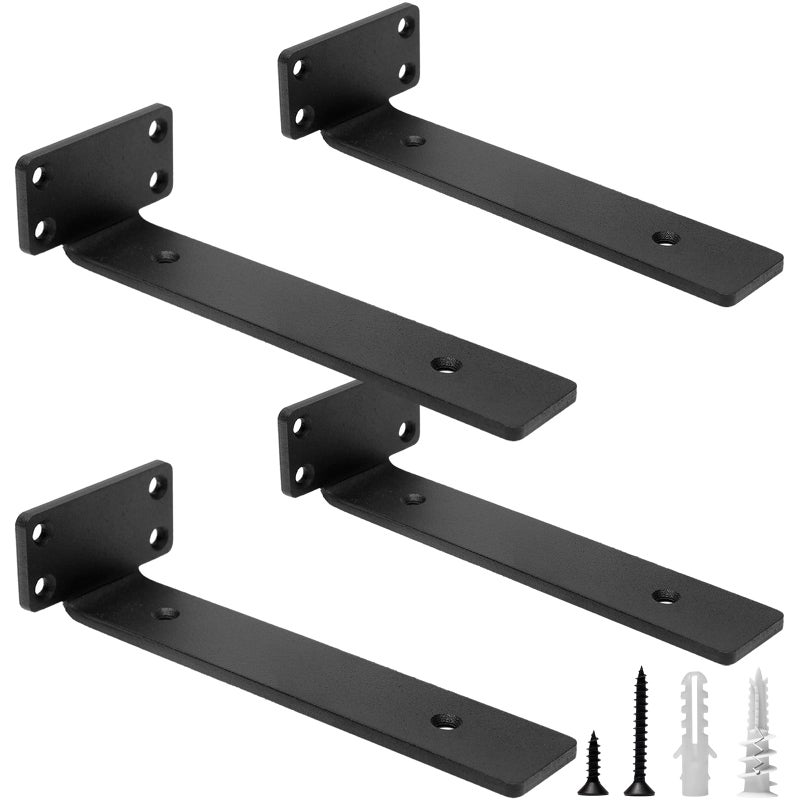Hitomen Heavy Duty Floating Shelf Brackets  8-Inch (1/5'' Thick) Hidden Shelves Hardware  Cast Iron L Brackets  Rustic Industrial Black Metal Wall Shelving Supports  4 Pack - Image 1