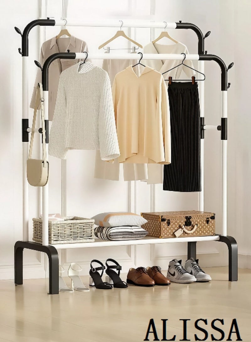 اليسا رف ملابس عصري مزدوج القضبان - منظم ملابس معدني خفيف الوزن باللونين الأبيض والأسود مع قضيبين للتعليق ورف سفلي | خزانة ملابس مستقلة وحامل تجفيف (110×154×45 سم) - Image 1