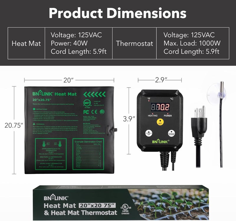 BN-LINK Seedling Heat Mat Heating Pad 20" x 20.75" with Digital Thermostat Controller Combo Set Waterproof for Indoor Seed Starting and Plant Germination - Image 3