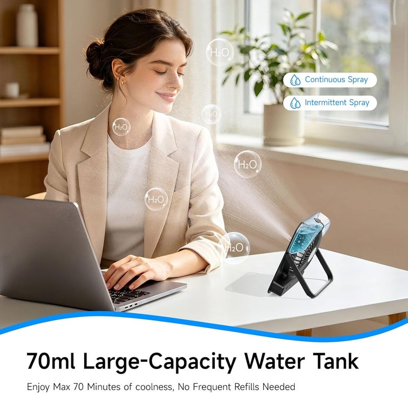 HandFan 4000mAh Portable Desk Misting Fan, 180° Foldable Travel Fan Rechargeable, Small Personal Mist Fans Battery Powered, Cooling Table Fans for Home Office Travel Beach Cruise Outdoors(Black) - Image 3