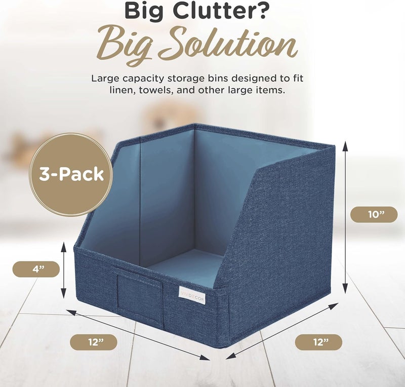 VIVIDECOR Trapezoid Storage Bins – 12x12x10 Fabric Storage Baskets, Collapsible Easy-Access Organiser Boxes for Baby Clothes, Kids Room Organizer – Navy Blue, 3 Pack - Image 4