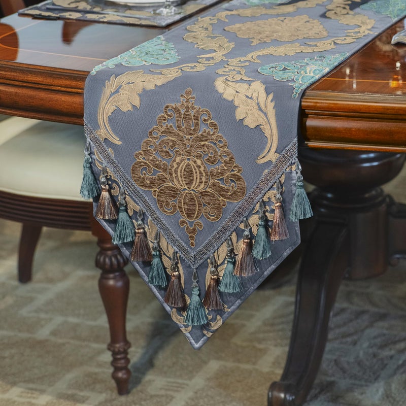 Loom and Mill Luxury Table Runner 90 Inches Long  Traditional Damask Jacquard Table Runners with Handmade Multi-Tassels for Dining Room Dresser Party Holiday Banquet Decorations(13 x 90  grey Blue)