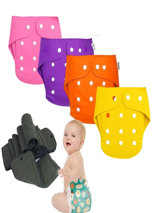 Reusable Cloth Diapers for Babies | Washable & Eco-Friendly Baby Nappies | Adjustable Leak-Proof Cloth Diaper Set with Soft Inserts (4, Pink,Purple,Orange&Yellow, Free Size)
