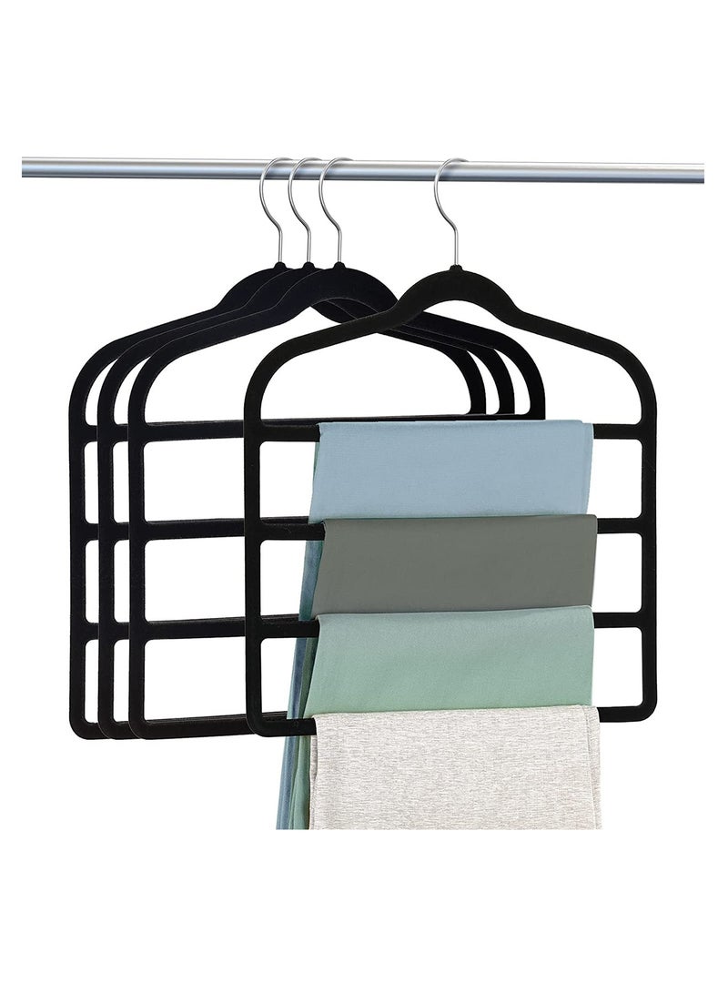 Blythornix Velvet Pants Hangers 4 Layers Space Saving, Non-Slip Clothes Hanger 360° Swivel Hook Closet Organizer for Jeans, Trousers, Scarfs and Ties 4 Packs Black - Image 1