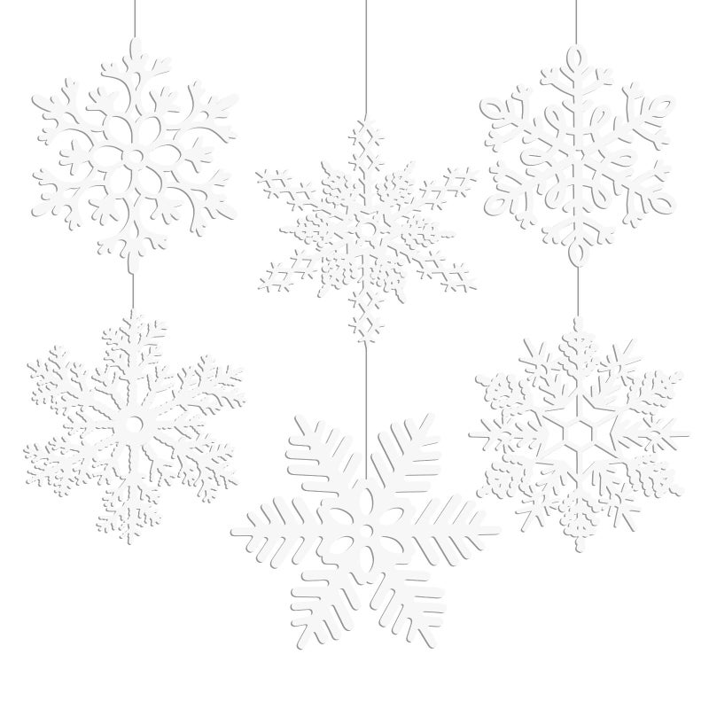 MIAHART 12 inches Large White Snowflakes Ornaments 6 Pack Big Plastic Glitter Snowflake Ornaments for Christmas Tree Winter Indoor Outdoor Window Giant Craft Hanging Snowflakes Decorations