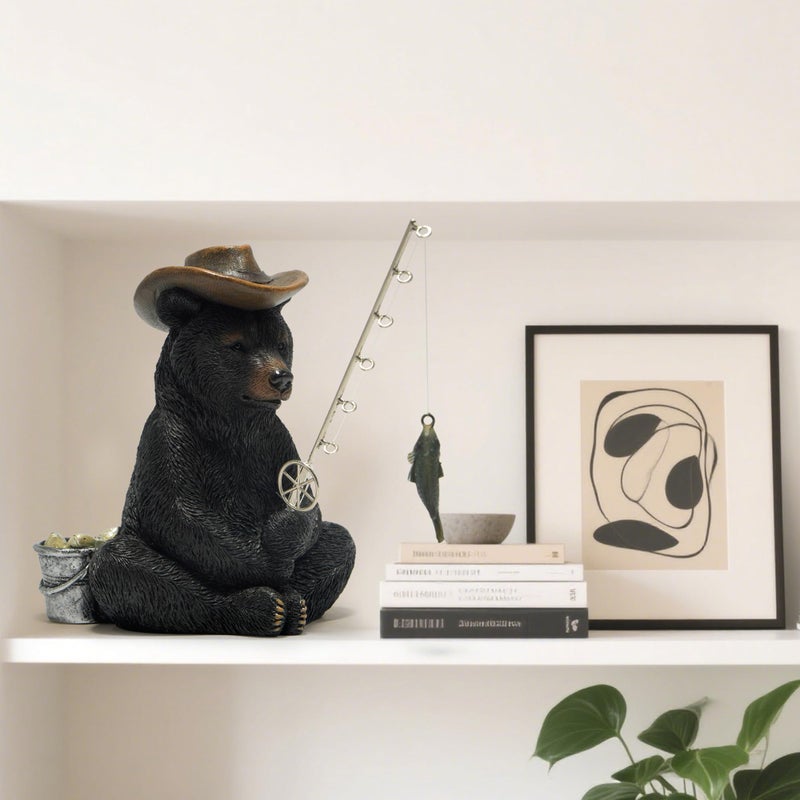 Hodao Black Bear Fishing Figurines Decoration Summer Bear Crafts for Home Office Desk Decor Statue for Tabletop Shelf Decoration Ornament Gifts Decor for Beach Fishing Lovers (Black) - Image 5