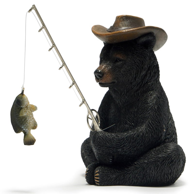 Hodao Black Bear Fishing Figurines Decoration Summer Bear Crafts for Home Office Desk Decor Statue for Tabletop Shelf Decoration Ornament Gifts Decor for Beach Fishing Lovers (Black) - Image 1