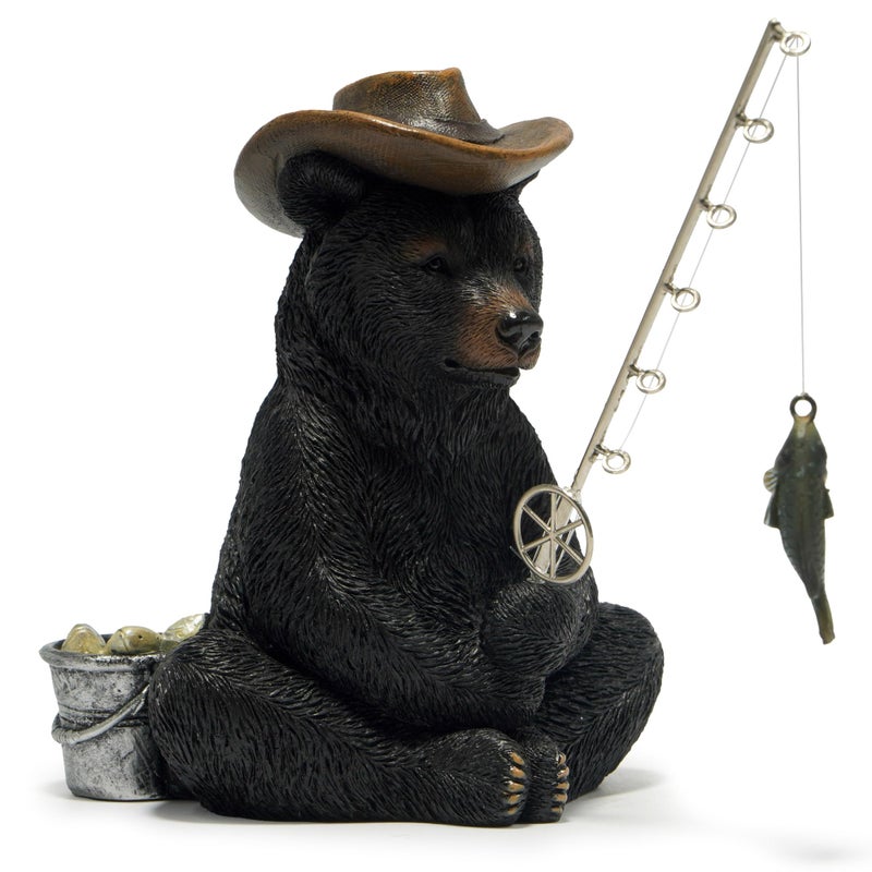 Hodao Black Bear Fishing Figurines Decoration Summer Bear Crafts for Home Office Desk Decor Statue for Tabletop Shelf Decoration Ornament Gifts Decor for Beach Fishing Lovers (Black) - Image 2
