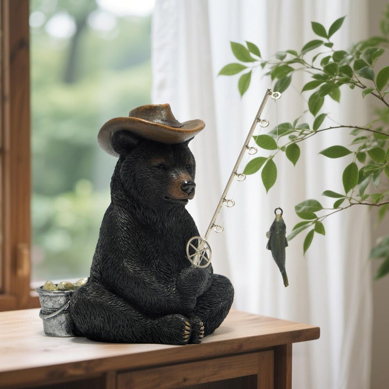 Hodao Black Bear Fishing Figurines Decoration Summer Bear Crafts for Home Office Desk Decor Statue for Tabletop Shelf Decoration Ornament Gifts Decor for Beach Fishing Lovers (Black) - Image 4
