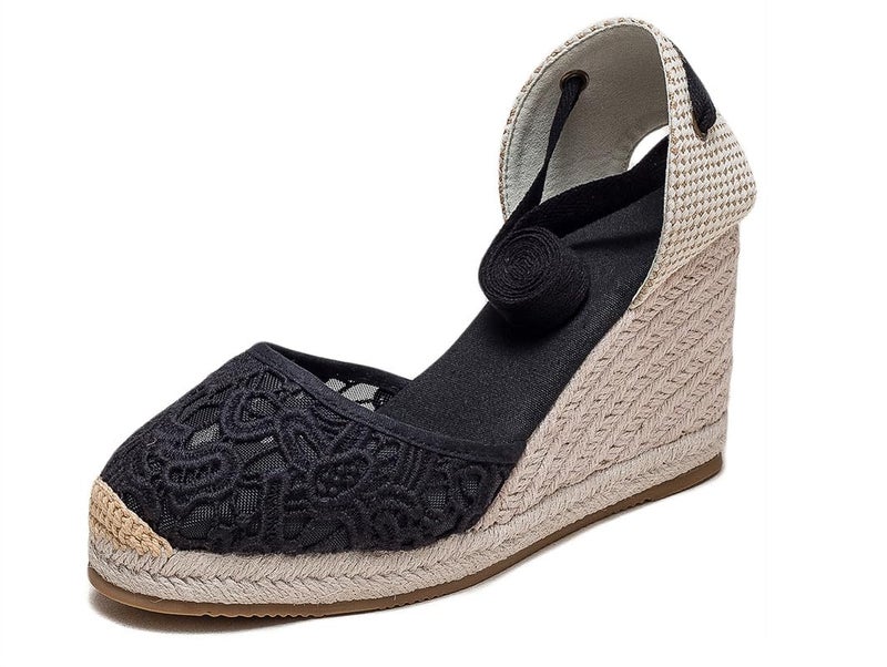 Ulite Womens Espadrille Wedge Sandals Closed Toe Platform Lace Up Ankle Strap Slingback Summer Dress Shoes Black Lace3 85