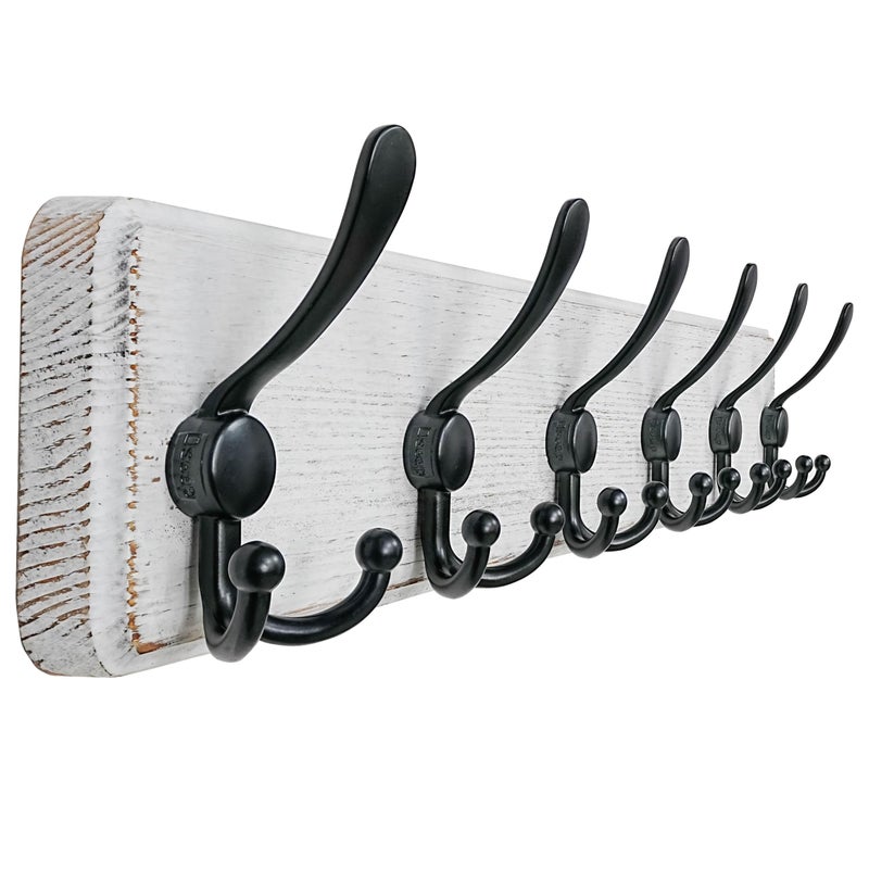 Dseap Coat Rack Wall Mounted - 24" Long 6 Tri Hooks, Heavy Duty Wooden Wall Coat Hanger Coat Hook for Clothes Hat Jacket Clothing, White and Black - Image 1