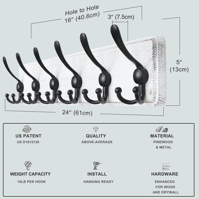 Dseap Coat Rack Wall Mounted - 24" Long 6 Tri Hooks, Heavy Duty Wooden Wall Coat Hanger Coat Hook for Clothes Hat Jacket Clothing, White and Black - Image 3