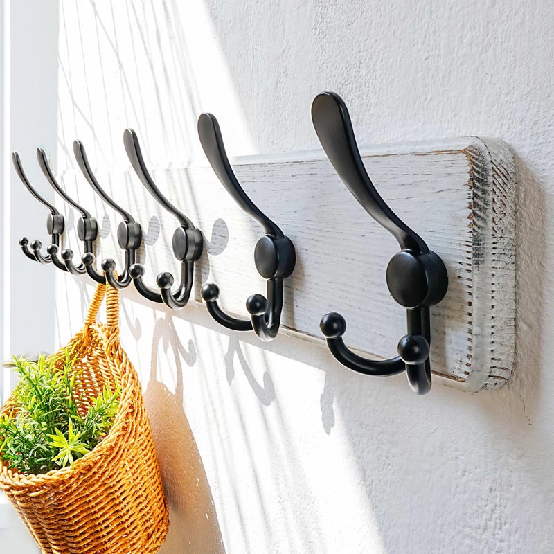 Dseap Coat Rack Wall Mounted - 24" Long 6 Tri Hooks, Heavy Duty Wooden Wall Coat Hanger Coat Hook for Clothes Hat Jacket Clothing, White and Black - Image 2