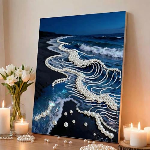 vhemo DIY 3D Pearl Painting Kit with Wooden Frame - Upgraded Diamond Art Kits for Adults, Ready to Hang Gem Painting, Relaxing Paint by Numbers, Creative Mosaic Craft (Serene Beach) - Image 1