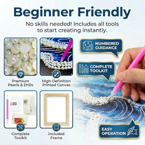 vhemo DIY 3D Pearl Painting Kit with Wooden Frame - Upgraded Diamond Art Kits for Adults, Ready to Hang Gem Painting, Relaxing Paint by Numbers, Creative Mosaic Craft (Serene Beach) - Image 5