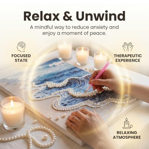 vhemo DIY 3D Pearl Painting Kit with Wooden Frame - Upgraded Diamond Art Kits for Adults, Ready to Hang Gem Painting, Relaxing Paint by Numbers, Creative Mosaic Craft (Serene Beach) - Image 4