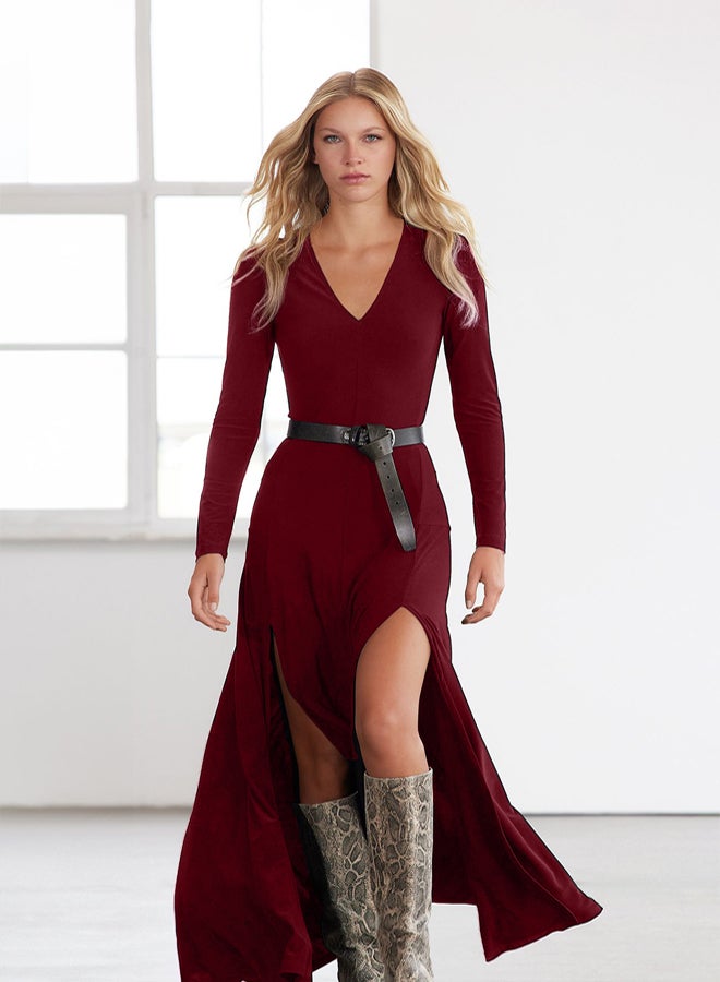 trendyol Claret Red Plain Limited Edition V Neck Skater/Waist Open Flexible Maxi Knit Dress - Image 1