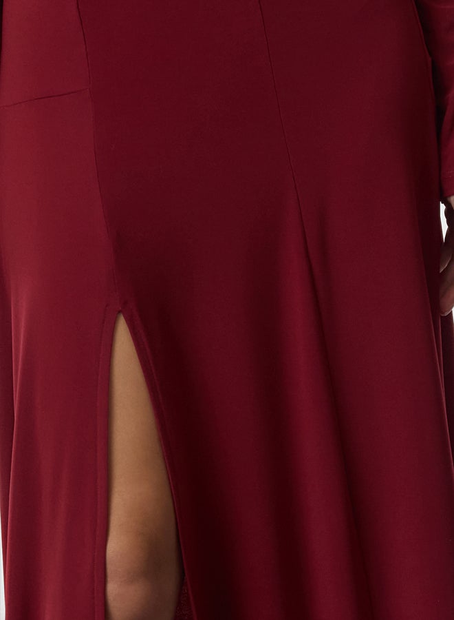 trendyol Claret Red Plain Limited Edition V Neck Skater/Waist Open Flexible Maxi Knit Dress - Image 4