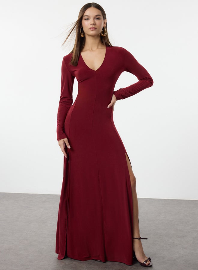 trendyol Claret Red Plain Limited Edition V Neck Skater/Waist Open Flexible Maxi Knit Dress - Image 2