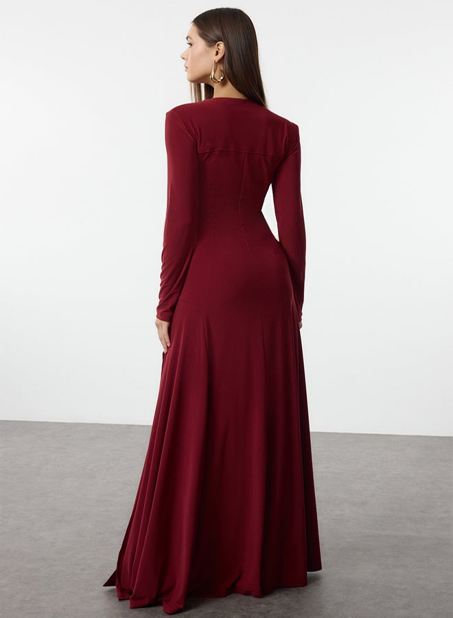 trendyol Claret Red Plain Limited Edition V Neck Skater/Waist Open Flexible Maxi Knit Dress - Image 5