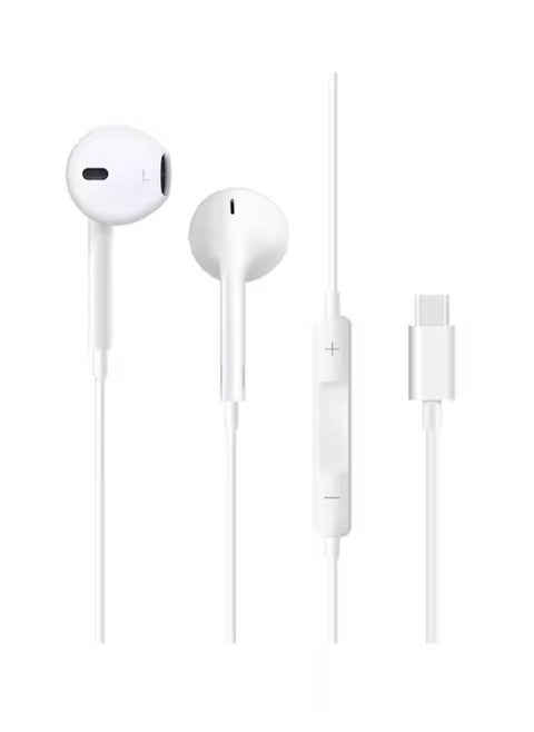 Type-C Wired Earphones with Mic, Volume Control & Hi-Fi Sound – Compatible with USB-C Devices – White