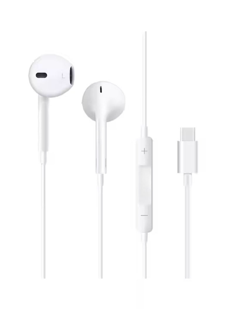 Generic Type-C Wired Earphones with Mic, Volume Control & Hi-Fi Sound – Compatible with USB-C Devices – White  - Image 1