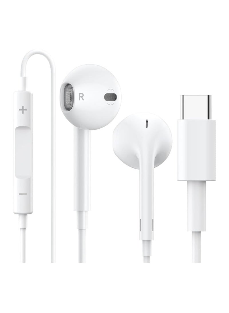 Type-C Wired Earphones with Mic, Volume Control & Hi-Fi Sound – Compatible with USB-C Devices – White - Image 1