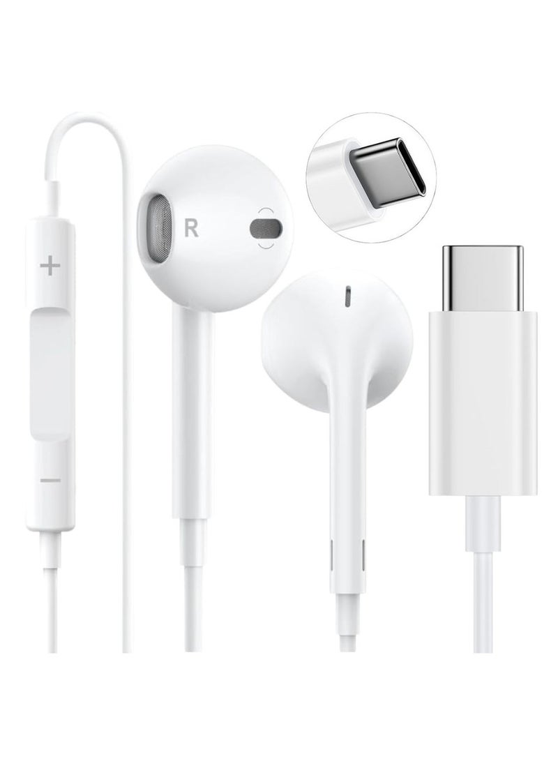 Type-C Wired Earphones with Mic, Volume Control & Hi-Fi Sound – Compatible with USB-C Devices – White - Image 1