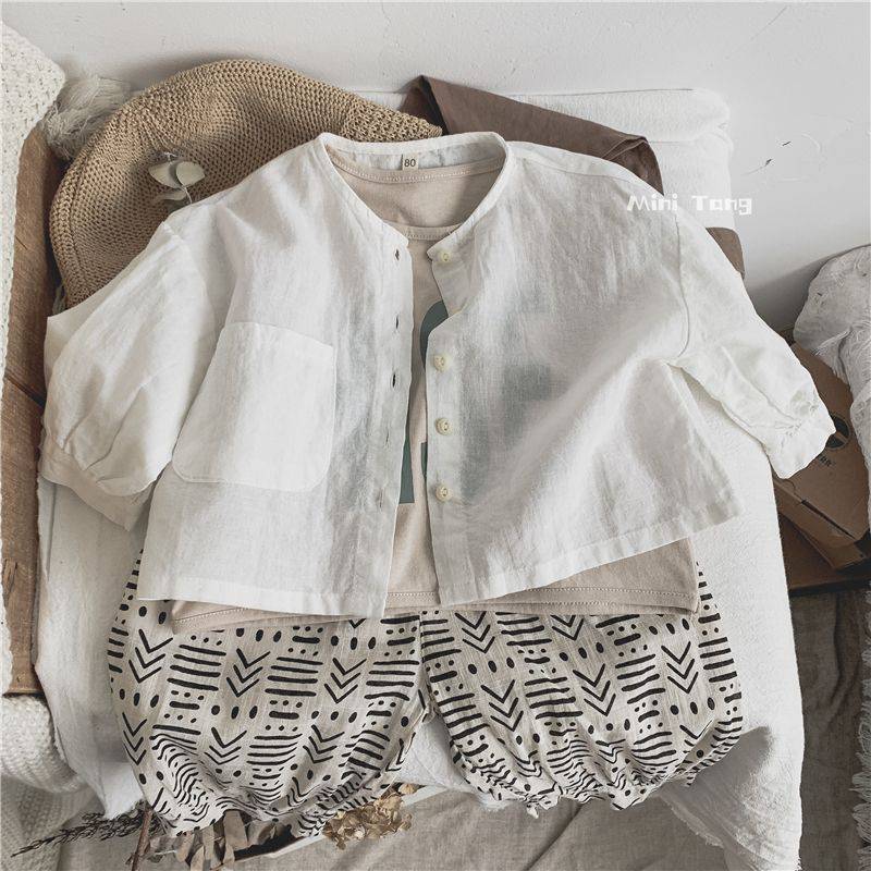 Solid Color Korean Forest Style Kidsren'S Thin Soft Short Sun Protection Clothing For Men And Women Baby Outwear Air-Conditioning Shirt Cotton And Linen Shirt Summer - Image 5