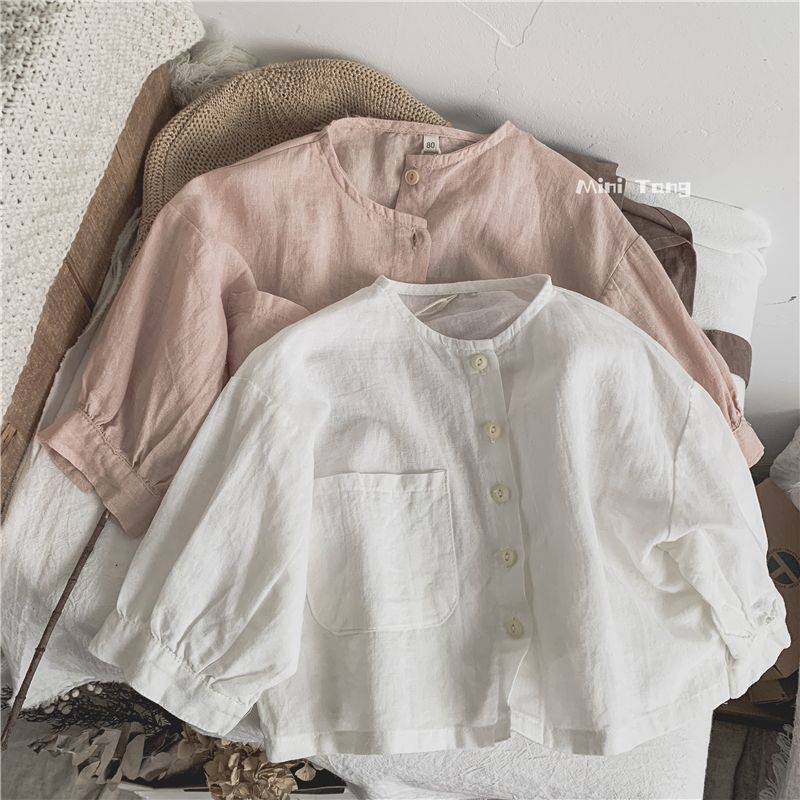 Solid Color Korean Forest Style Kidsren'S Thin Soft Short Sun Protection Clothing For Men And Women Baby Outwear Air-Conditioning Shirt Cotton And Linen Shirt Summer - Image 1