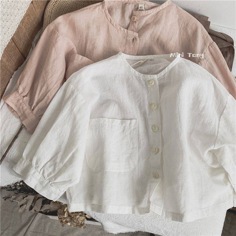 Solid Color Korean Forest Style Kidsren'S Thin Soft Short Sun Protection Clothing For Men And Women Baby Outwear Air-Conditioning Shirt Cotton And Linen Shirt Summer - Image 2