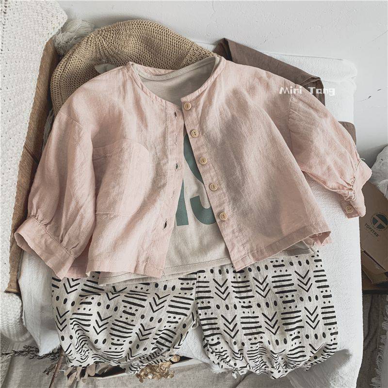 Solid Color Korean Forest Style Kidsren'S Thin Soft Short Sun Protection Clothing For Men And Women Baby Outwear Air-Conditioning Shirt Cotton And Linen Shirt Summer - Image 4