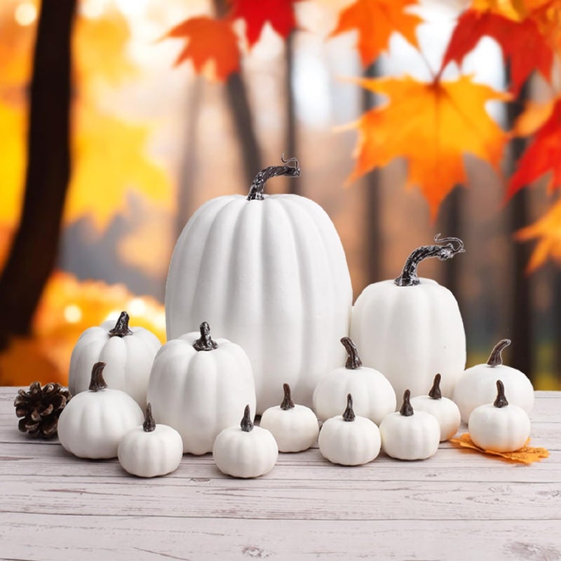 WESAPPINC WESAPPINC Artificial Pumpkins 14PCS White Fake Pumpkins Assorted Pumpkins Large Faux Harvest Pumpkins for Autumn Thanksgiving Halloween Seasonal Holiday Decor Decoration (White)  - Image 4