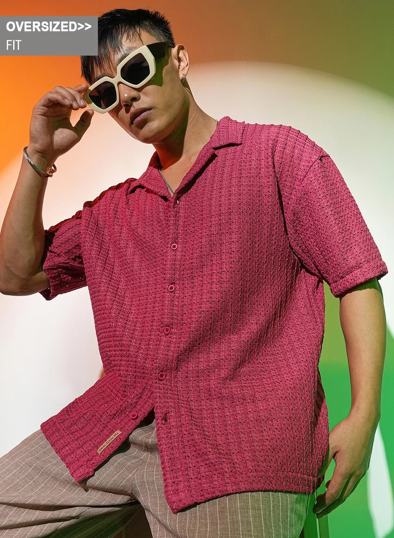 Campus Sutra Campus Sutra Men's Crimson Red Hollow Knit Oversized Shirt For Casual Wear | Cuban Collar | Short Sleeve | Button Closure | Oversized Shirt Crafted With Comfort Fit For Everyday Wear