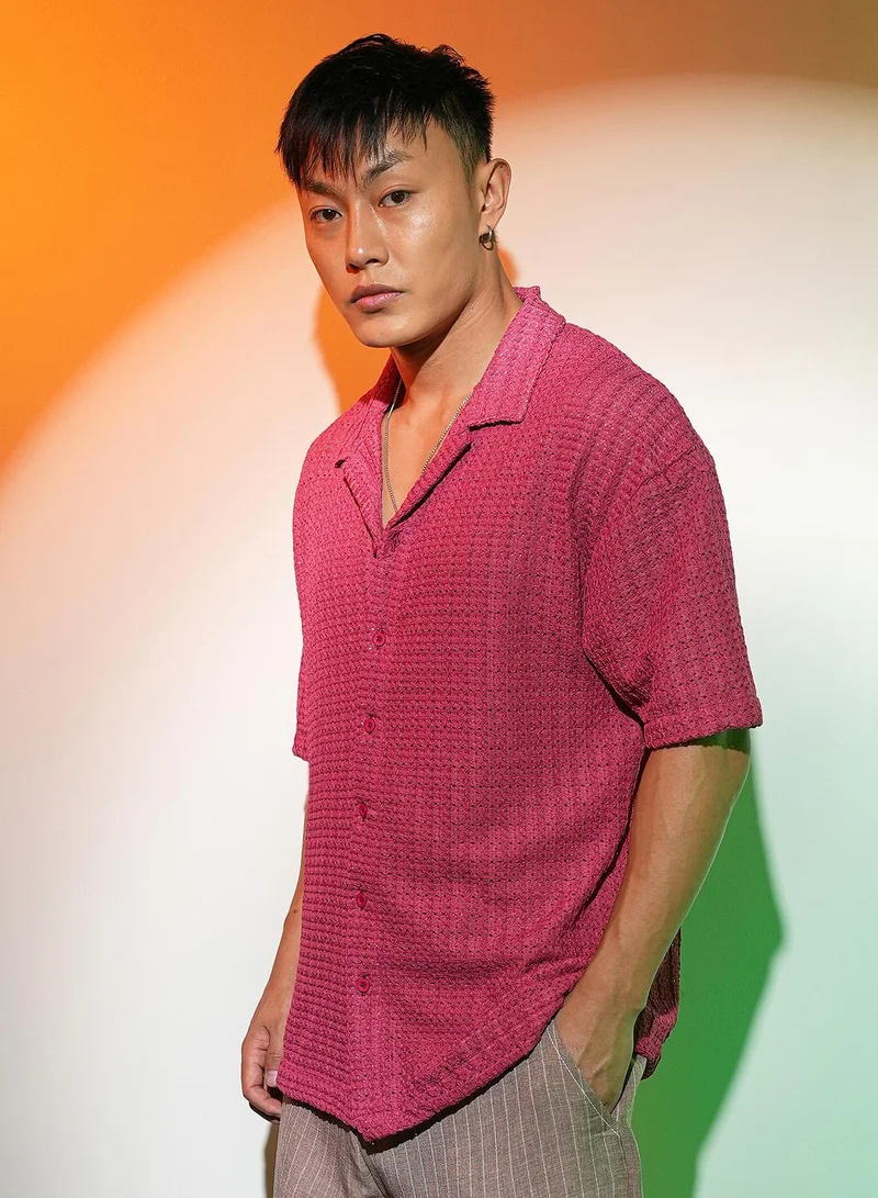 CAHOOT  Men's Crimson Red Hollow Knit Oversized Shirt for Men | Best Price UAE