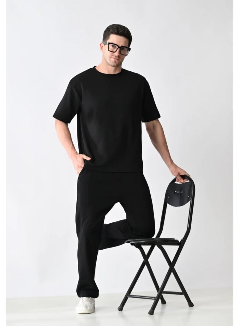 أوبيروت طقم رجالي باللون الأسود أنيق مكون من قميص وبنطال متطابق - Image 4