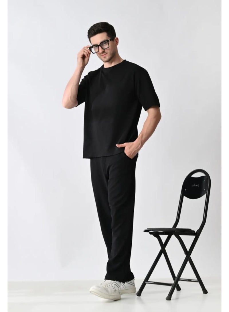 أوبيروت طقم رجالي باللون الأسود أنيق مكون من قميص وبنطال متطابق - Image 3