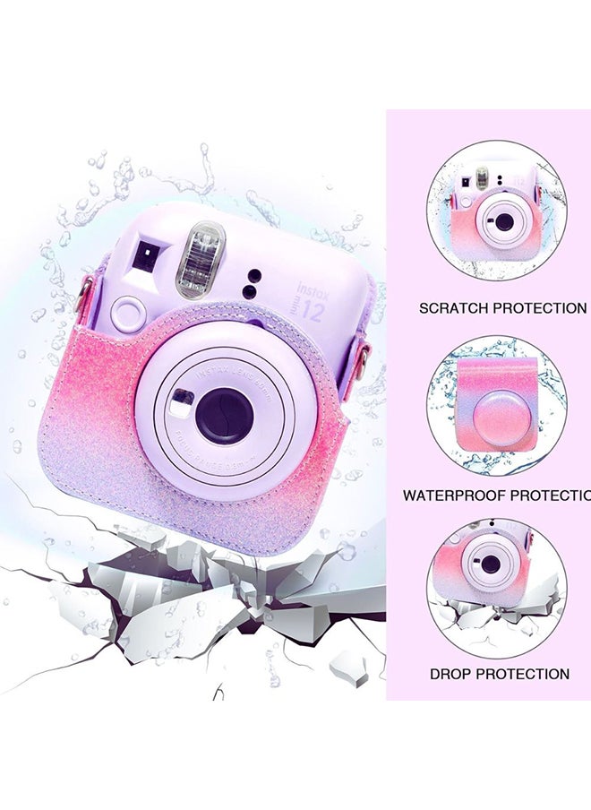 O Ozone - Protective Camera Case for Fujifilm Instax Mini 12 Instant Camera PU Leather Glitter Gradient Style Camera Bag with Shoulder Strap- Pink-Purple - Image 1