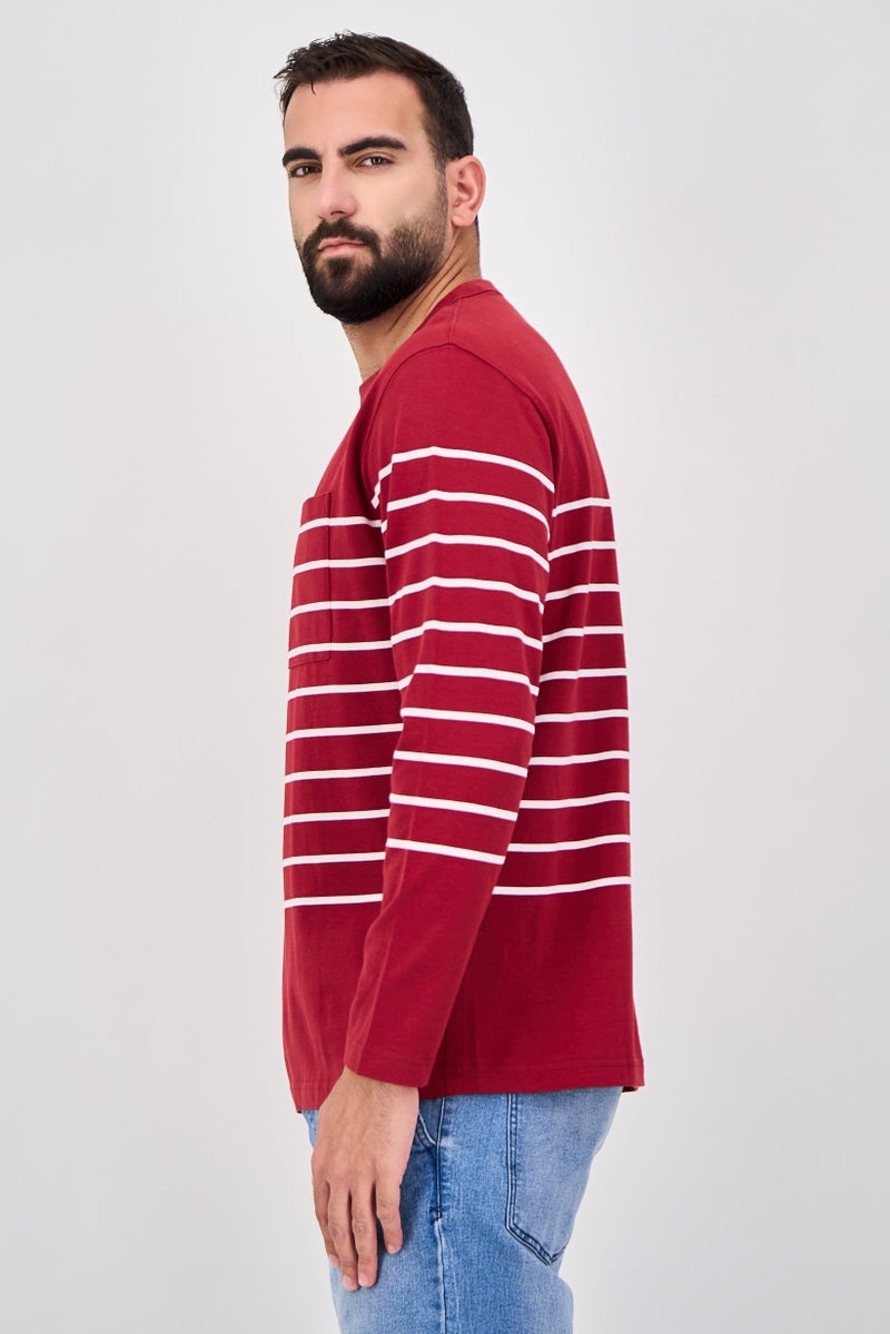 Celio تي شيرت رجالي بأكمام طويلة وياقة دائرية، مخطط، مارون - Image 2