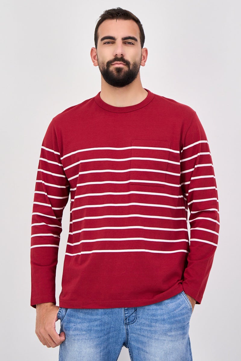 Celio تي شيرت رجالي بأكمام طويلة وياقة دائرية، مخطط، مارون - Image 1