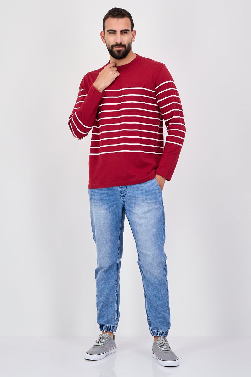 Celio تي شيرت رجالي بأكمام طويلة وياقة دائرية، مخطط، مارون - Image 4