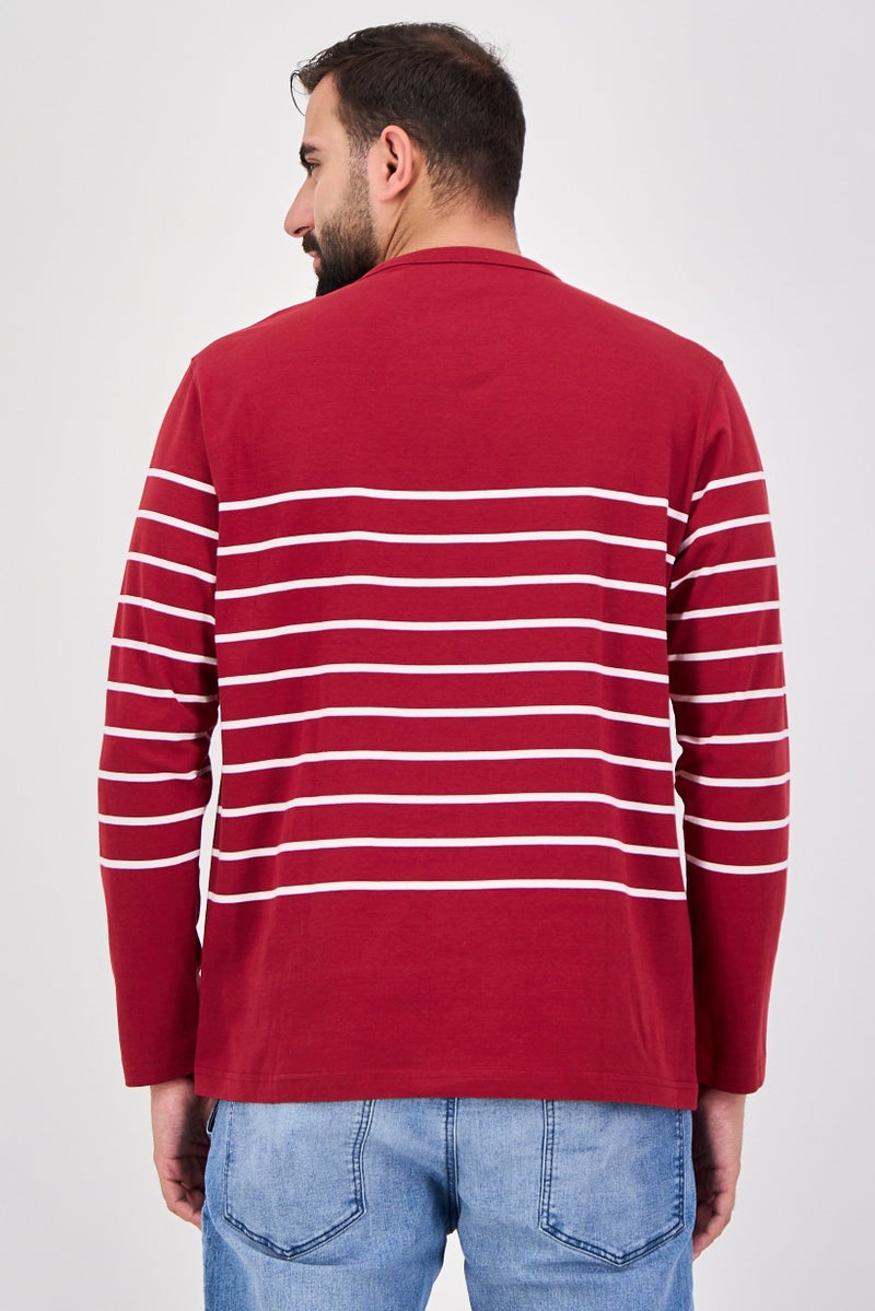 Celio تي شيرت رجالي بأكمام طويلة وياقة دائرية، مخطط، مارون - Image 3