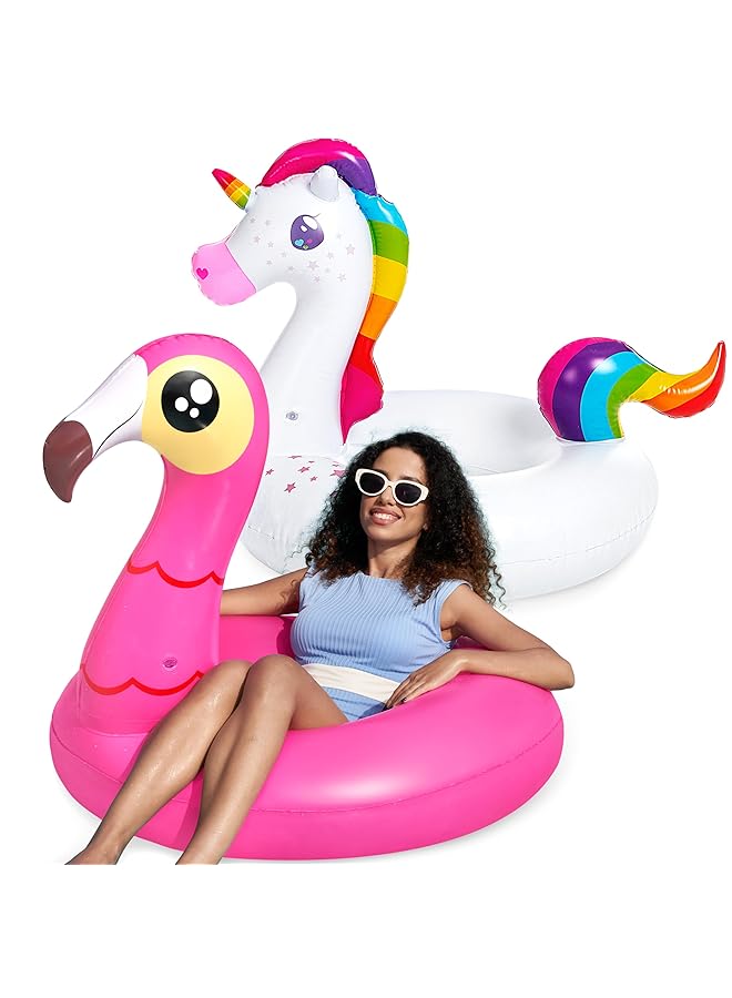 JOYIN 2 Pack Flamingo Unicorn Pool Float Fun Floaties Inflatable Swimming Pool Tubes Toys Party Decorations Summer Vacation Lake Beach Floaty Swim Rings Raft Lounger For Adults & Kids - Image 1