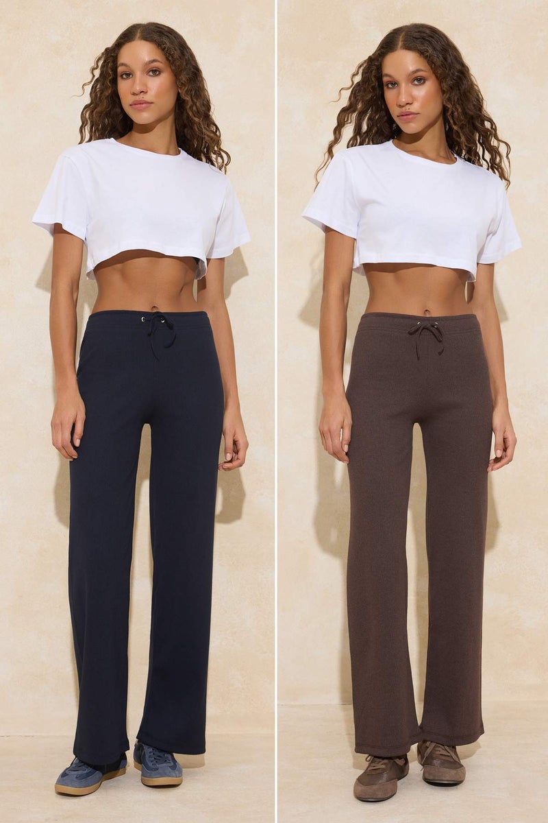 trendyol Brown-Navy Blue 2-Pack Flare/ Flared High Waist Knitted Sweatpants Tedaw25Ea00010 - Image 1